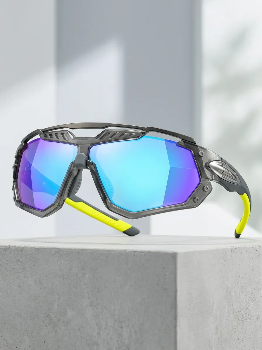Men's Cycling Sports Reflective Blue Lens Wrap Around Sunglasses