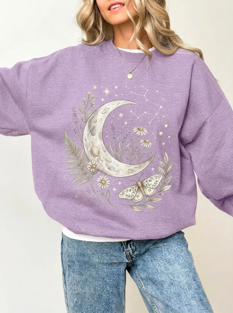Women's Charcoal Celestial Moon Moth Floral Crewneck Sweatshirt
