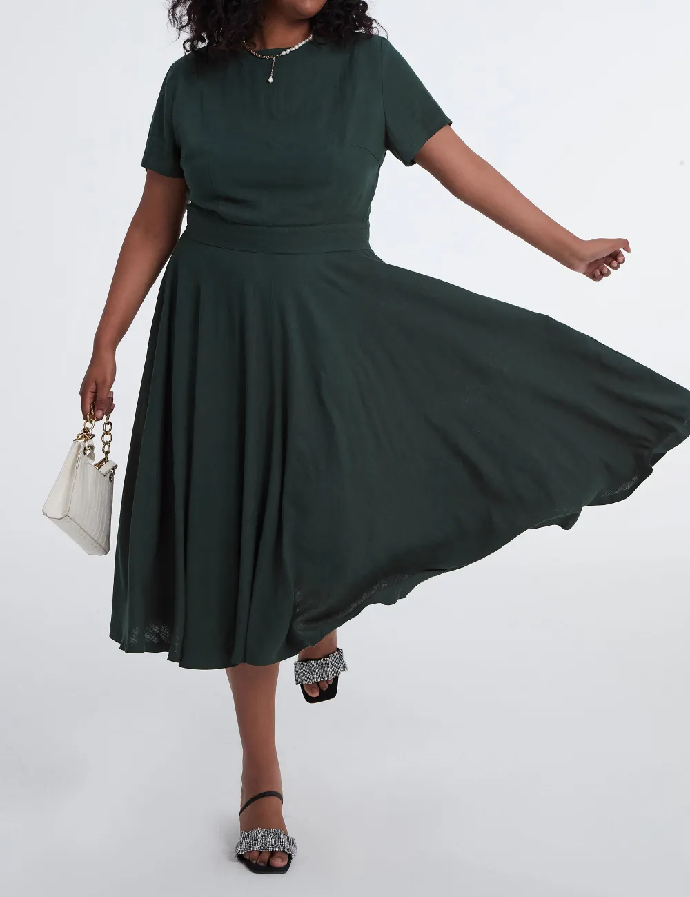 Refined Linen Cotton A Line Swing Boat Neck Midi Dress
