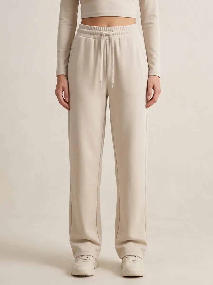 Women's Minimalist Beige Solid Color Drawstring Sweatpants