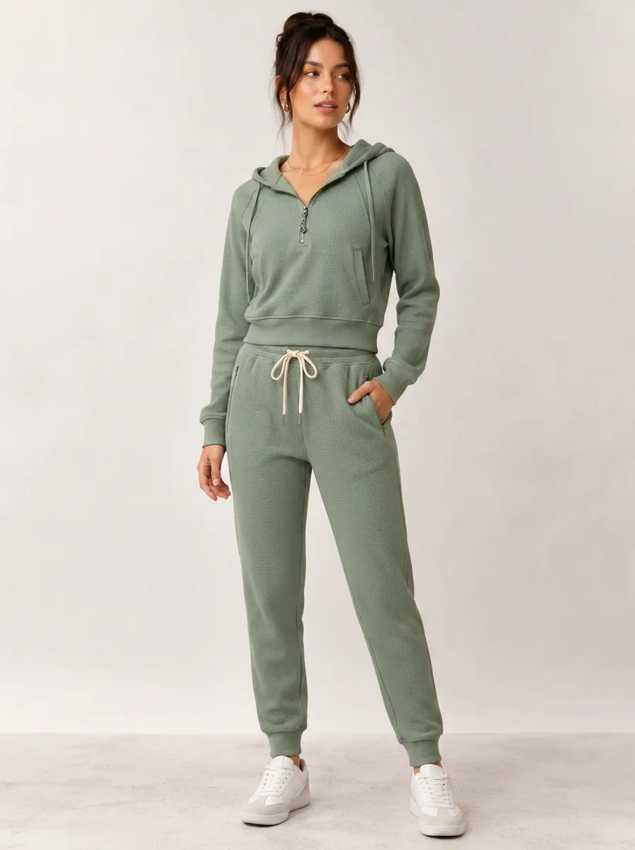 Women's Sage Green Waffle Knit Quarter Zip Hoodie Jogger Set