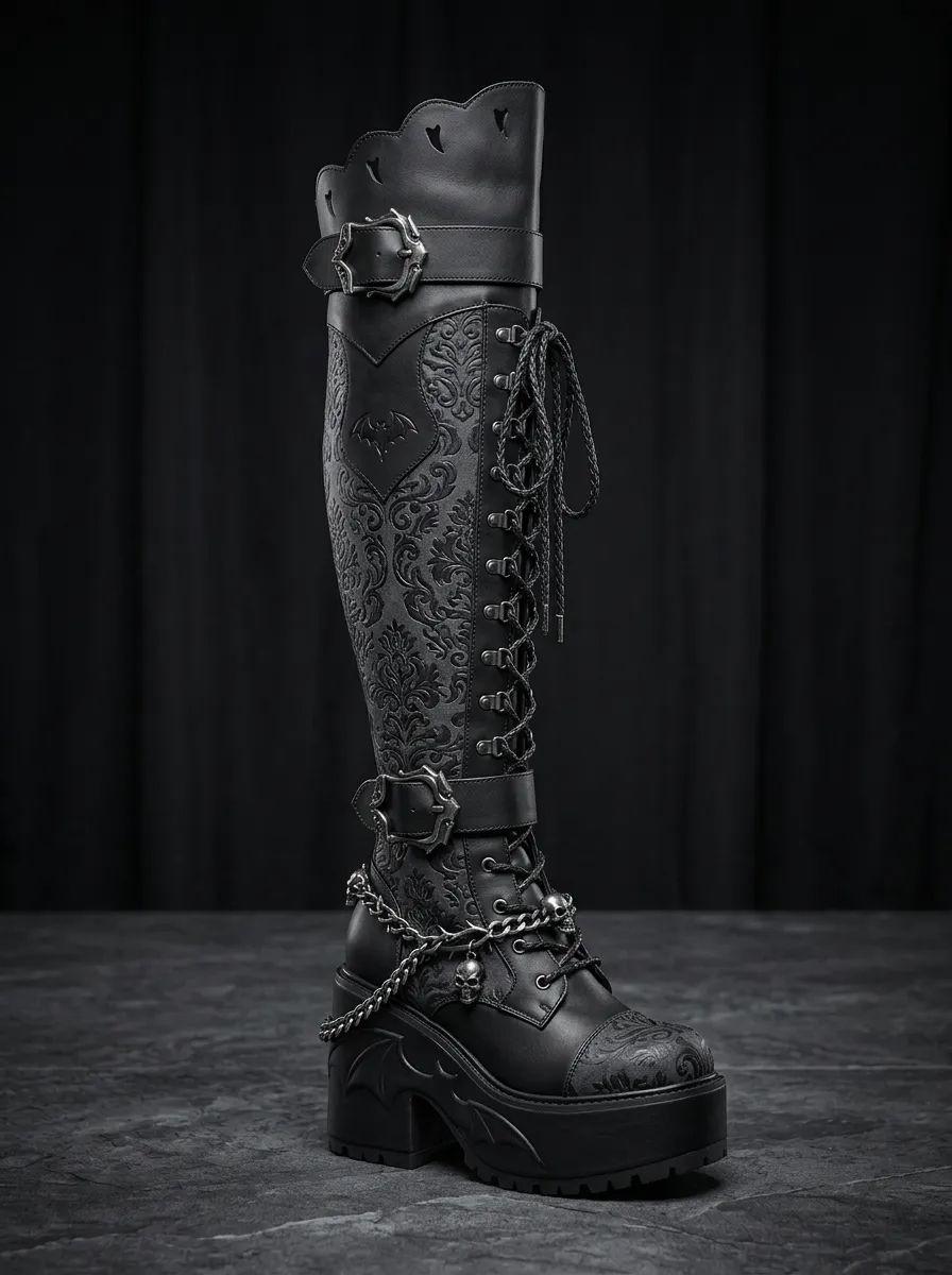 Classic Gothic Skull Bat Damask Night Look Women's Gothic Platform Boots