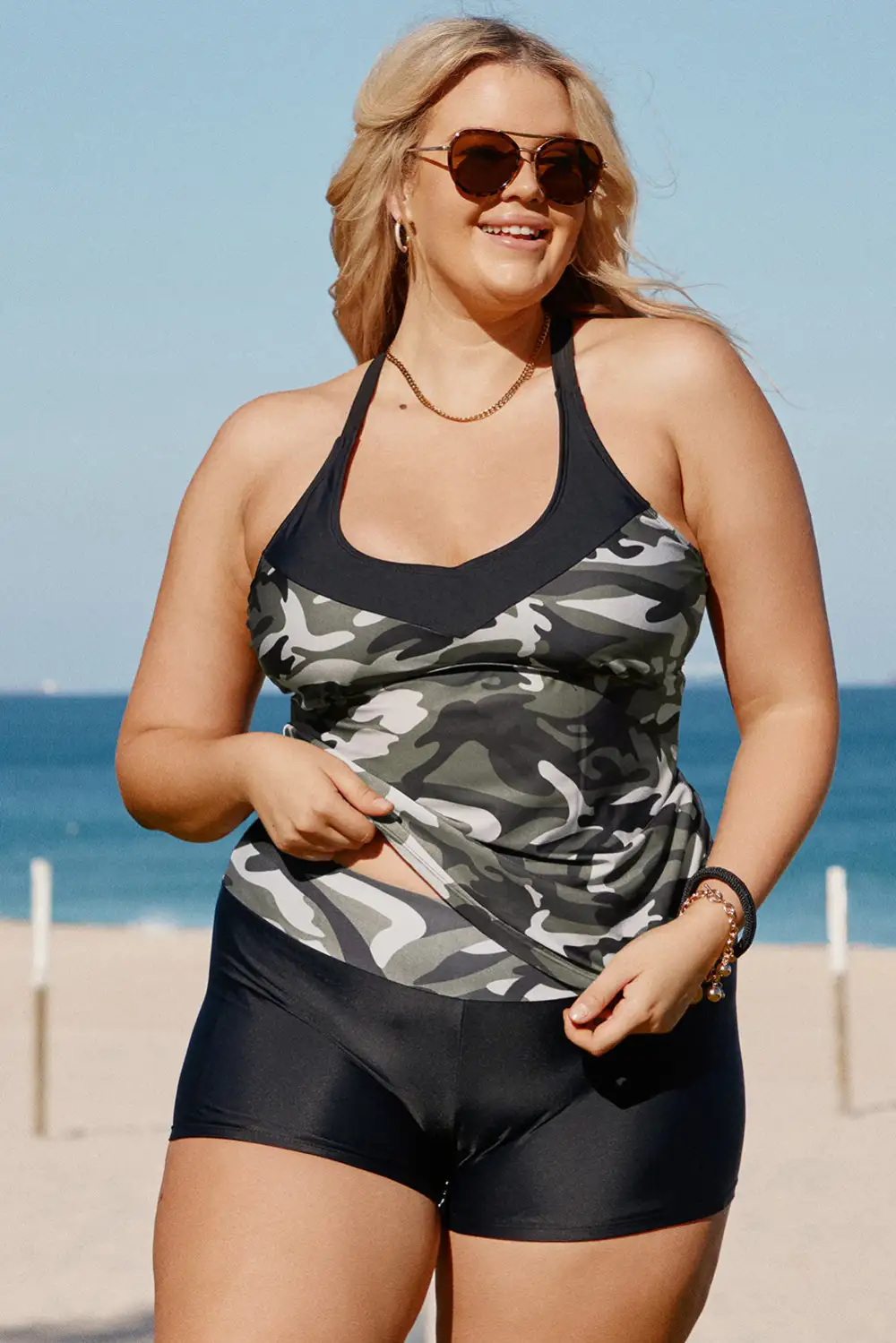 Swimwear Camouflage Print Back Criss Cross Tankini Set