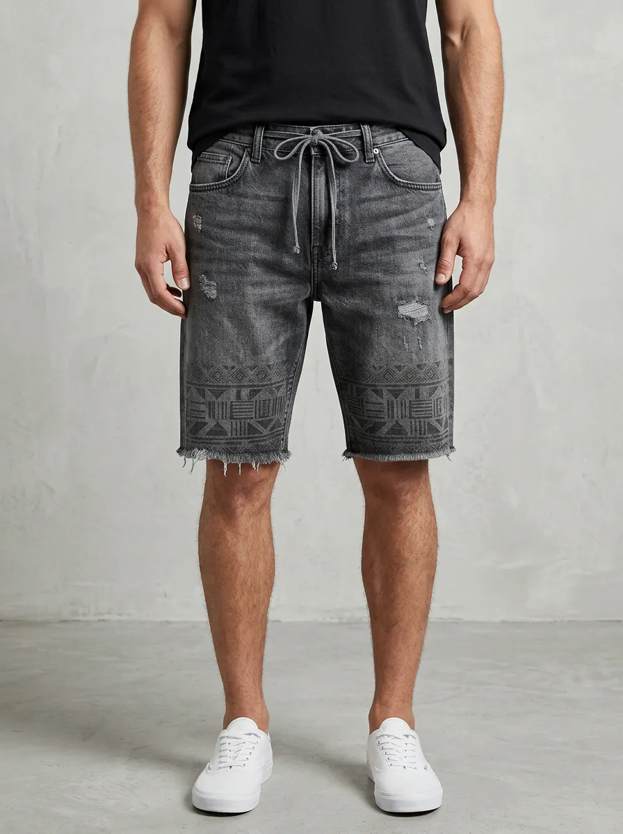 Men's Classic Geometric Distressed Raw Hem Denim Shorts