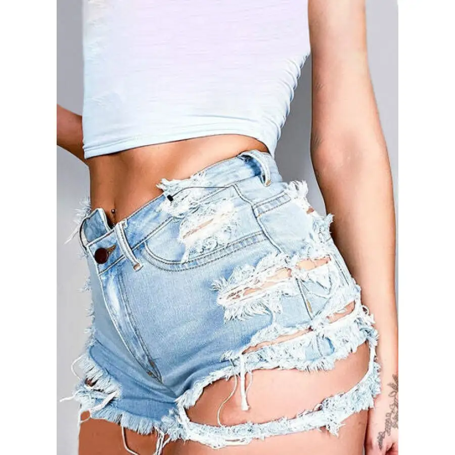 Distressed Raw Hem Denim Shorts with Pockets
