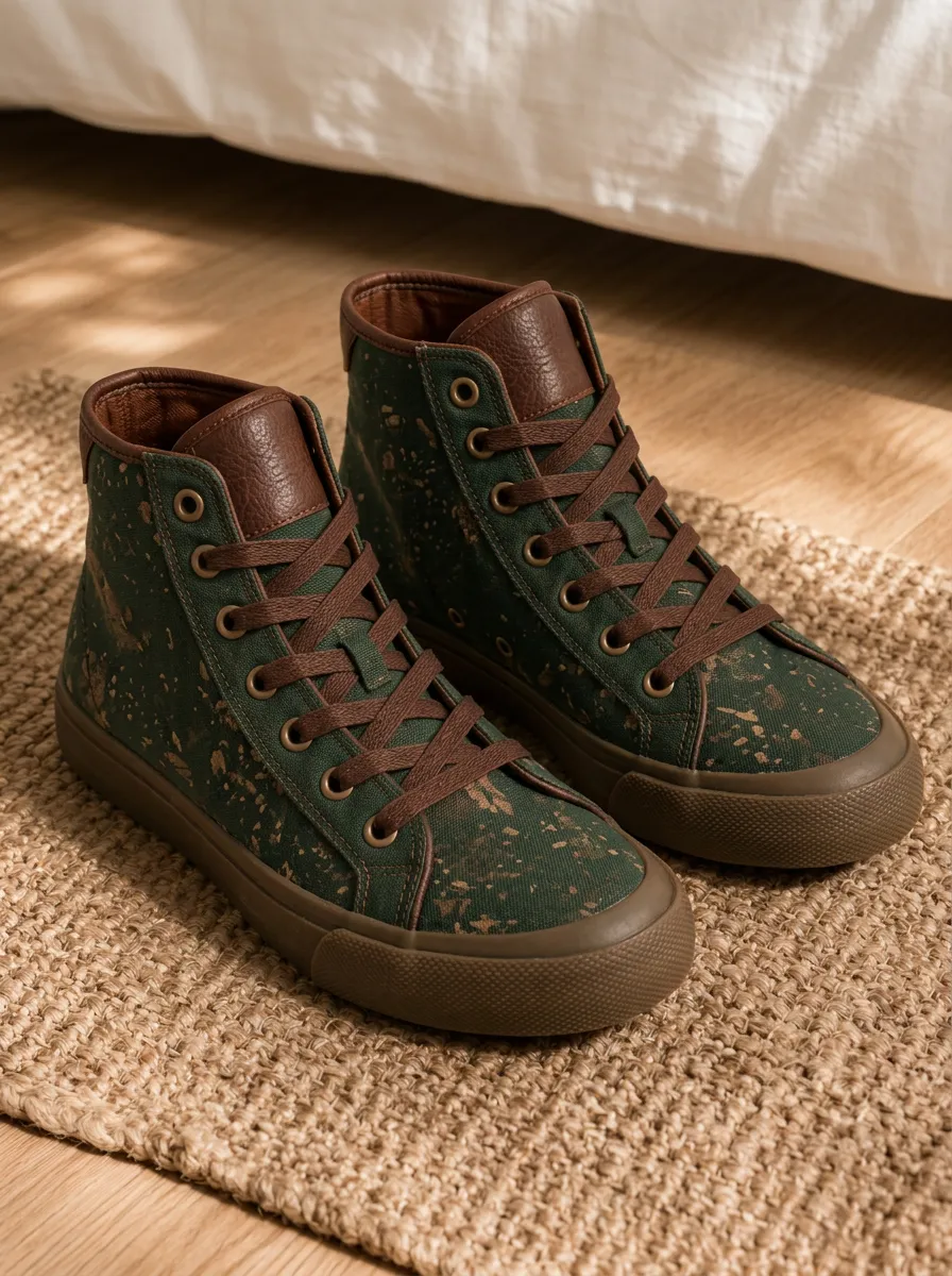 Men's Forest Green Brown Paint Splatter Printed Canvas High Top Shoes