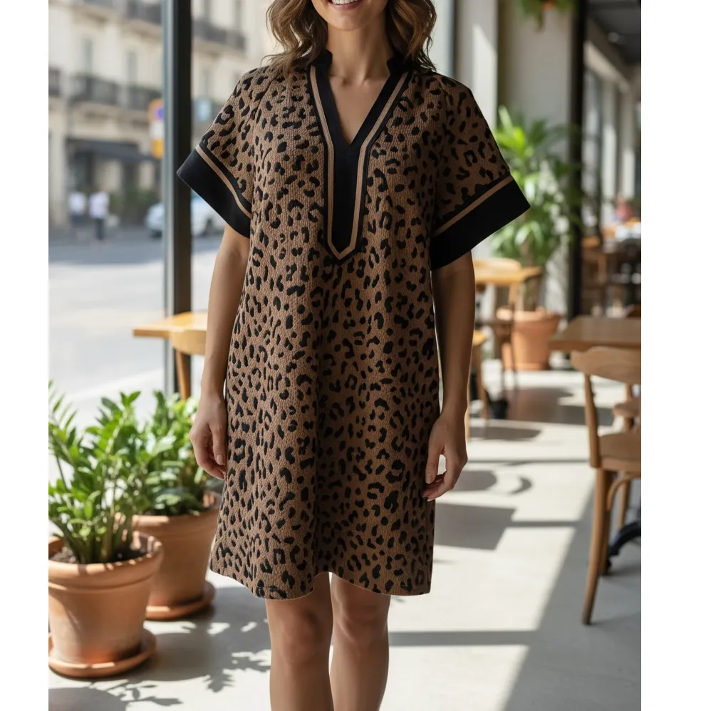 Animal Print V Neck Casual Dress