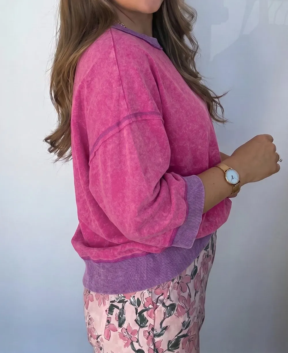 Color Block Ribbed Relaxed Cotton Blend Bracelet Sleeve Top