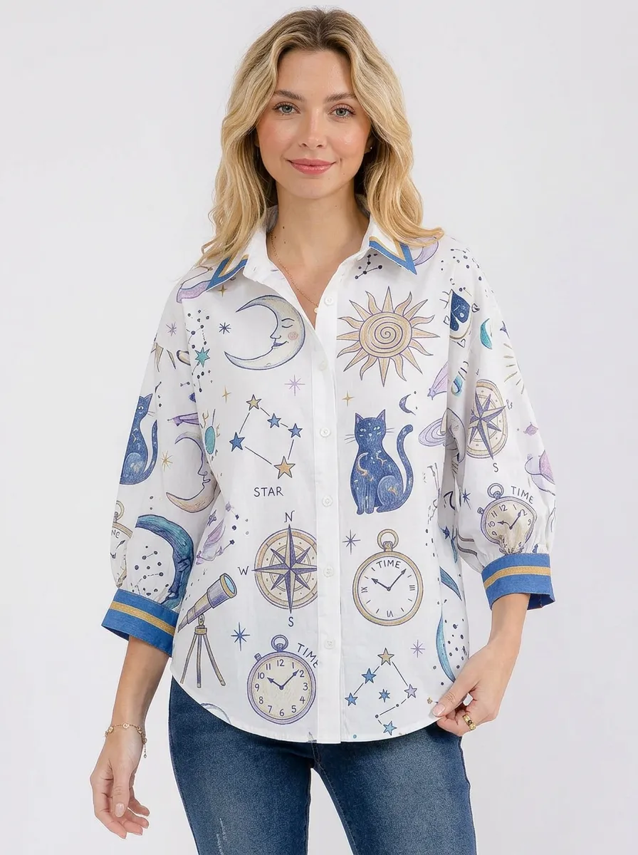 Women's Celestial Cat Sun Moon Graphic Button-Down Shirt