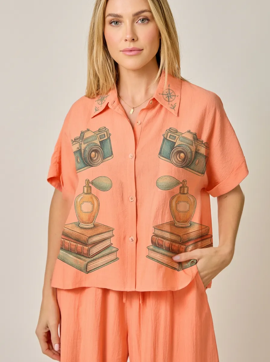 Women's Vintage Hobby Camera Perfume Book Graphic Shirt