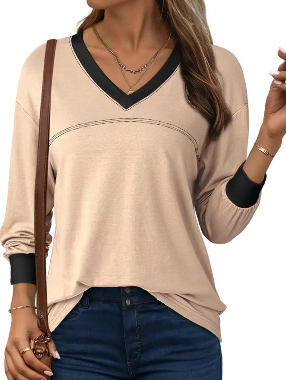 Contrast V Neck Loose Sweatshirt