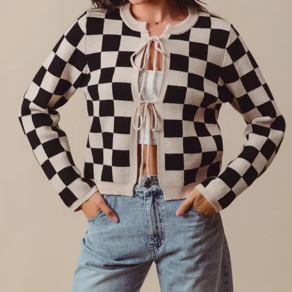 Open Front Ribbed Checkered Cardigan
