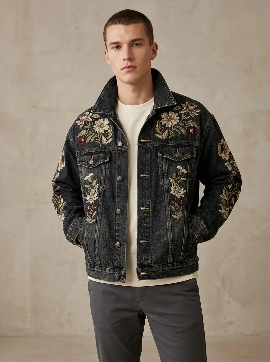 Men's Modern Motif Floral Nature Inspired Denim Jacket