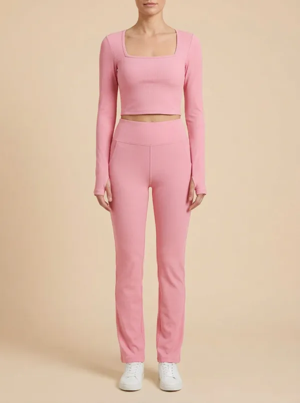 Women's Ribbed Square-Neck Thumbhole Crop Top and Straight-Leg Legging Set