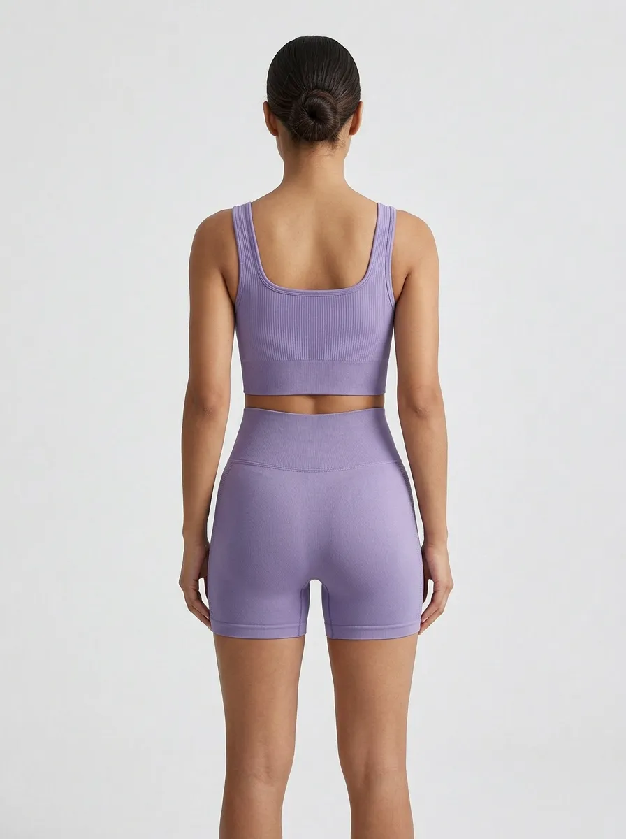 Contemporary Ribbed Texture Seamless Design Shape Women's Tank Top And Sports Shorts Set