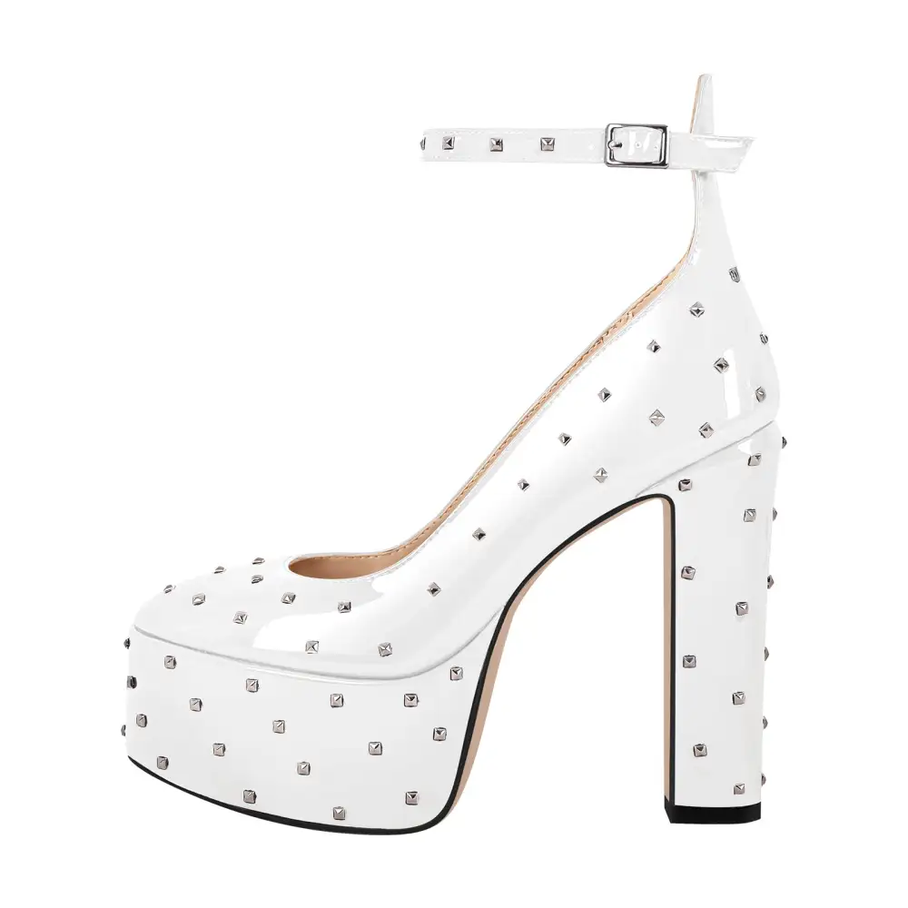 Rivet Round Toe Platform Chunky Heel Ankle Strap Pumps