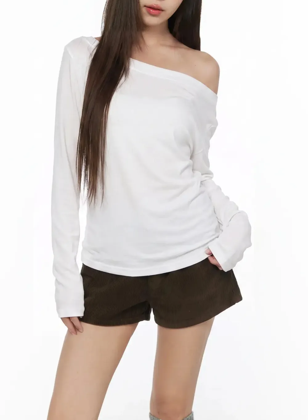 Ribbed Off-The-Shoulder Long Sleeve Top