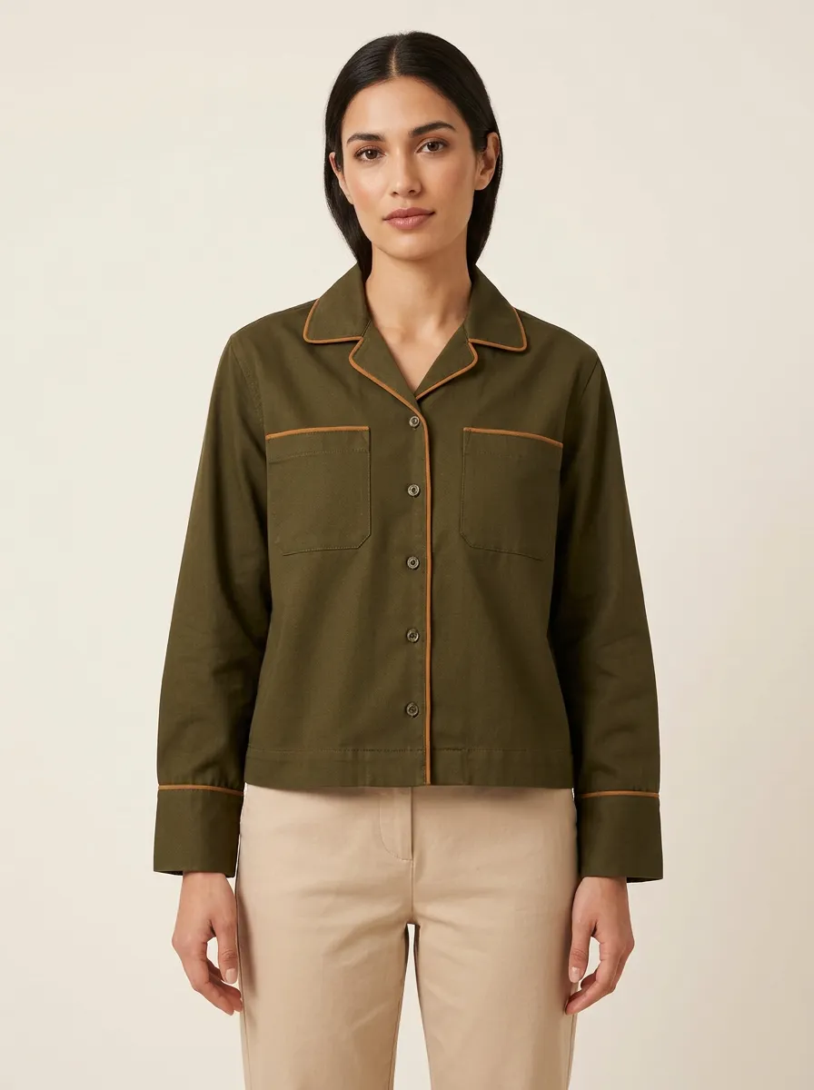 Women's Camp-Collar Contrast-Piped Straight-Fit Shirt