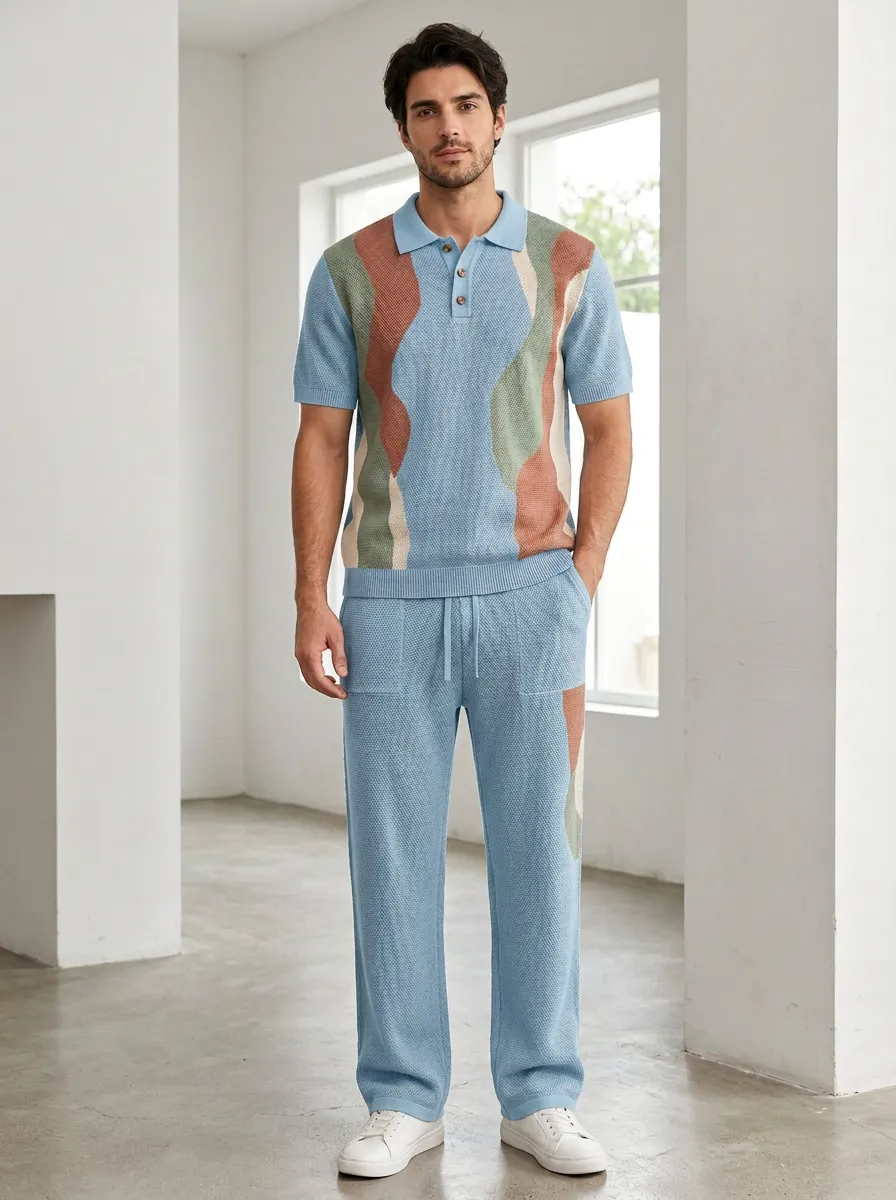 Men's Casual Wavy Pattern Knitted Polo Shirt and Pants Set