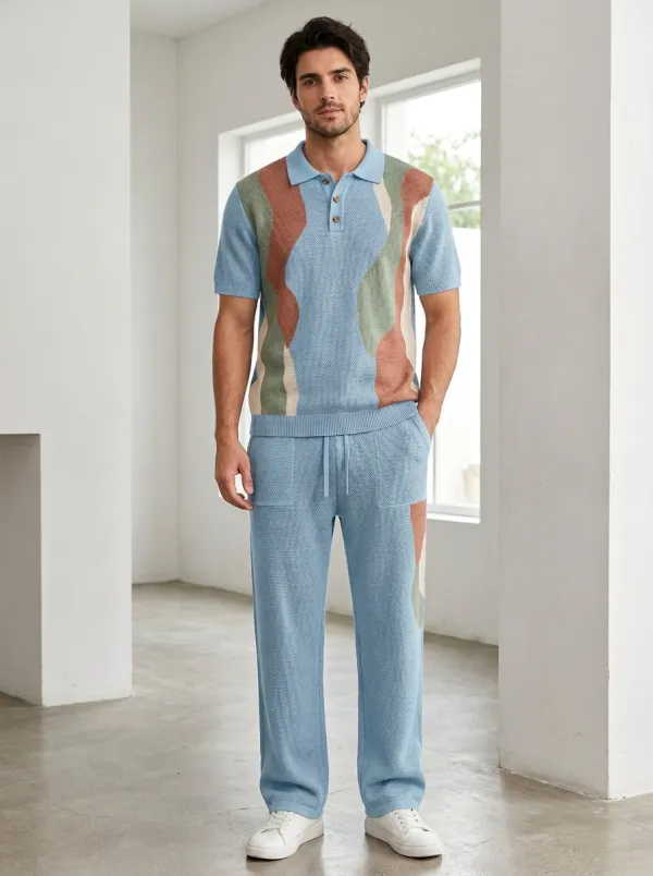 Men's Casual Wavy Pattern Knitted Polo Shirt and Pants Set