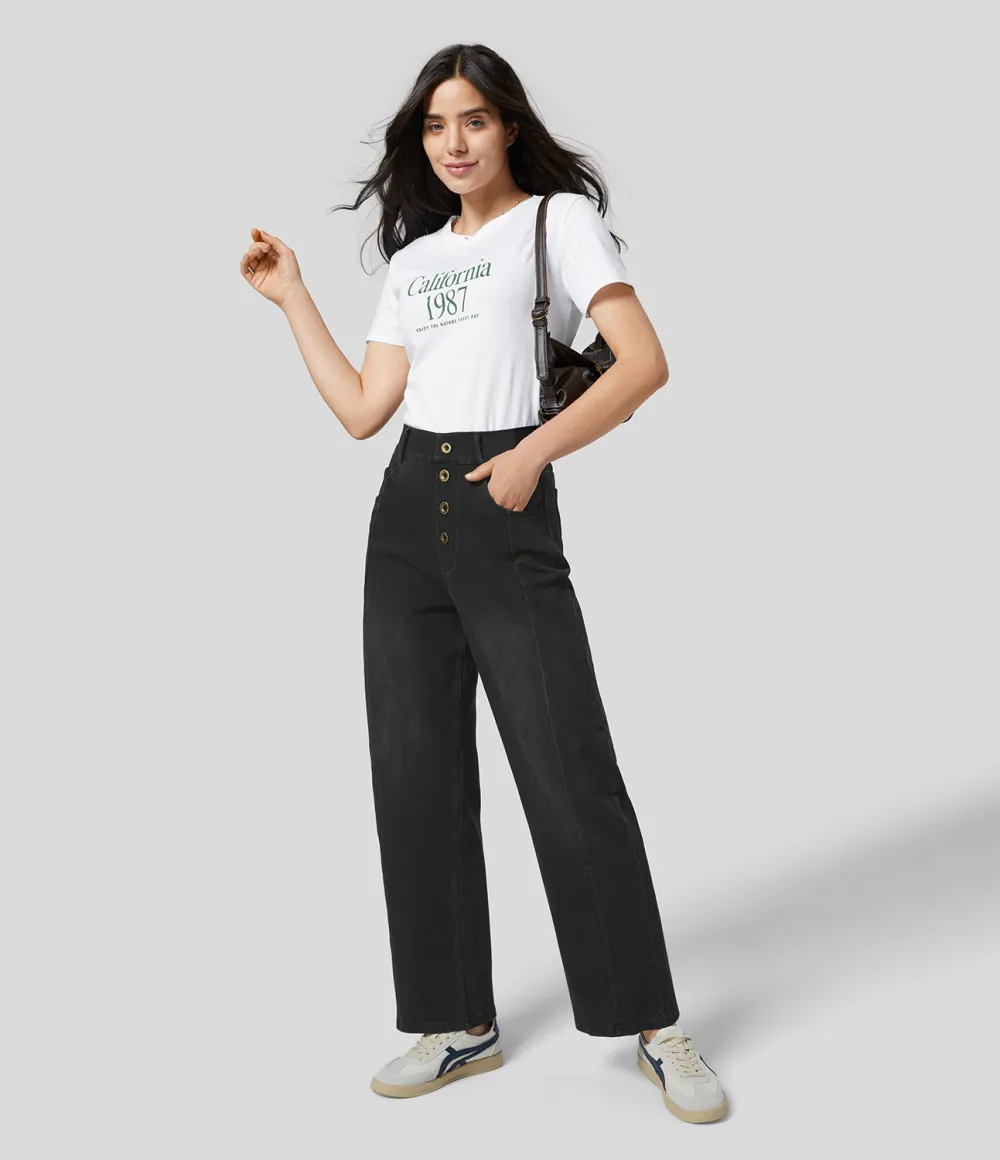 Magic High Waisted Decorative Button Multiple Pockets Straight Leg Stretchy Knit Casual Boyfriend Jeans