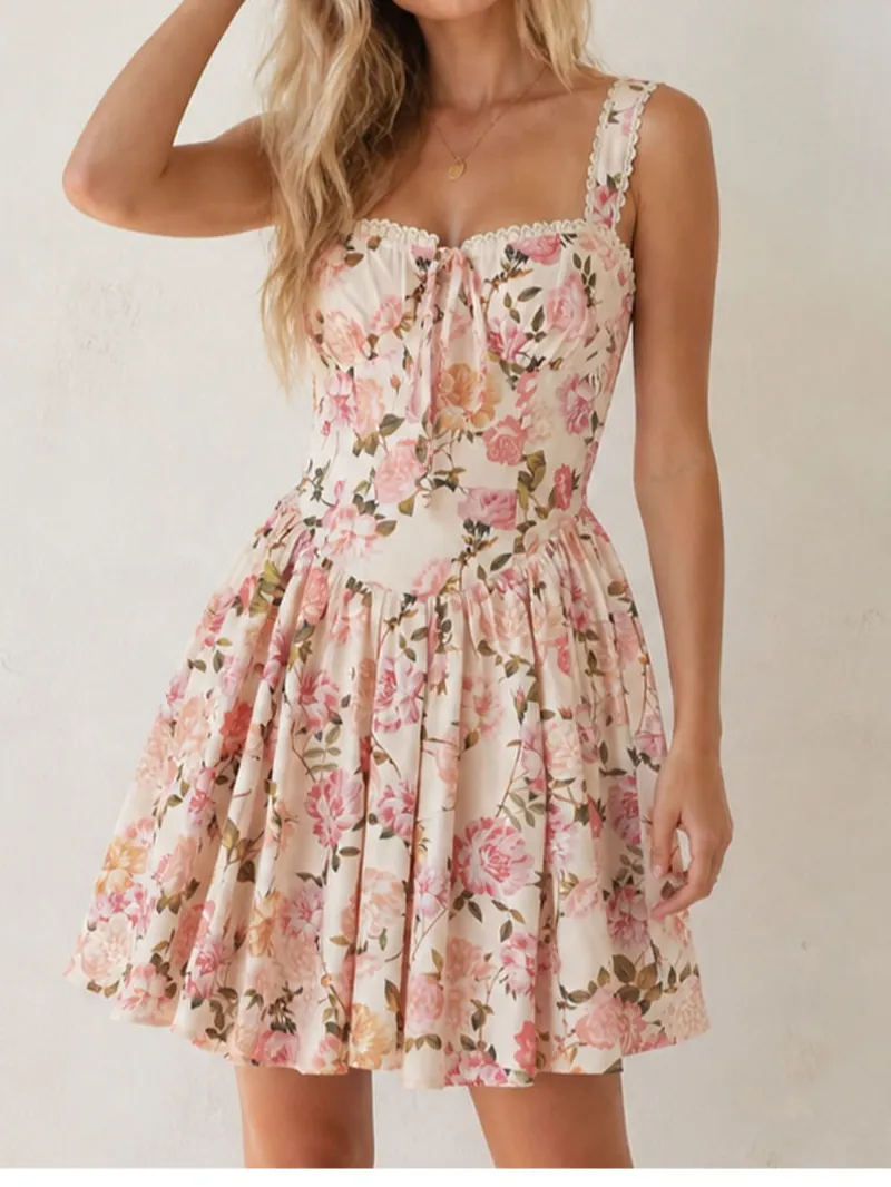 Boho Square Neck Lace Trim Ruched Mini Dress