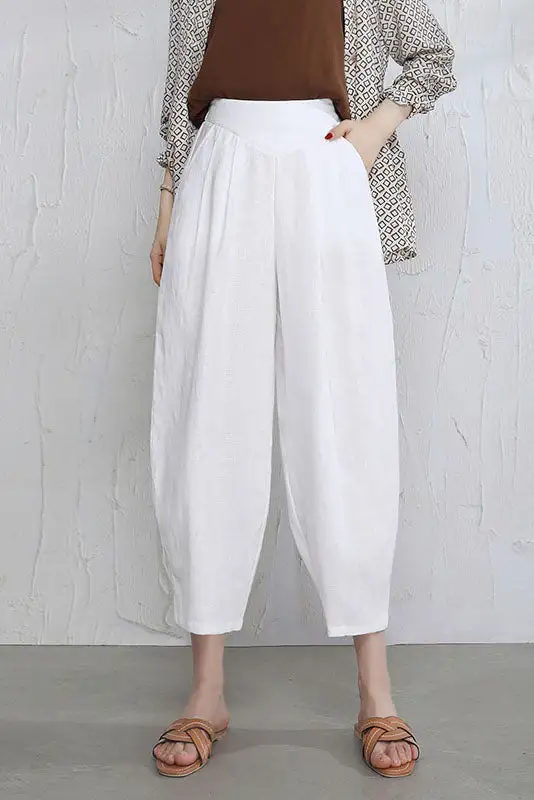 Contemporary Linen Wide Leg Elastic Waist Pocketed Trousers