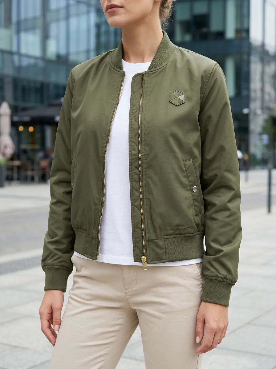 Women's Olive Green Geometric Patch Quilted Bomber Jacket