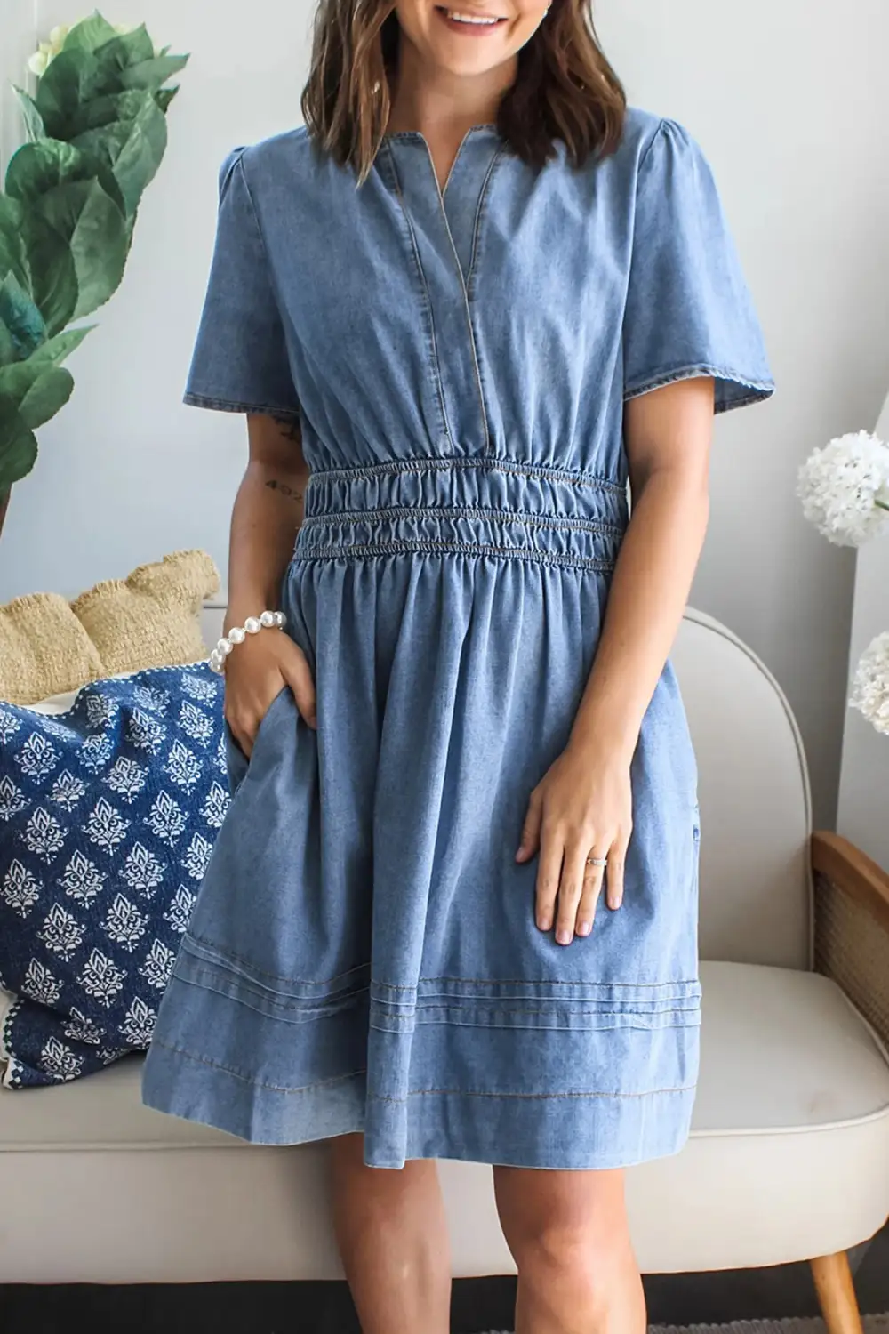 Denim Look Short Sleeve Mini Dress