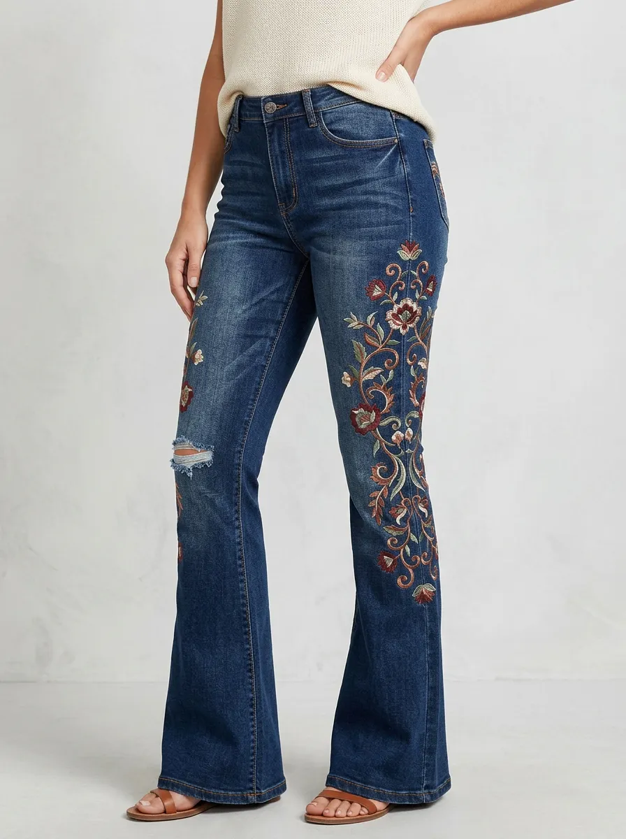 Women's Dark Wash Floral Embroidery Distressed Flare Jeans