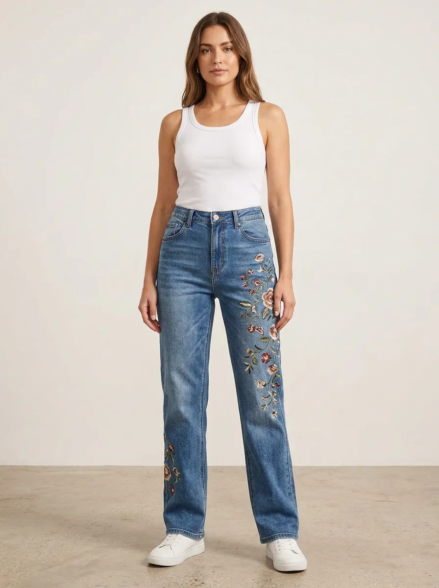 Women's Floral Embroidery High Waisted Straight Leg Jeans
