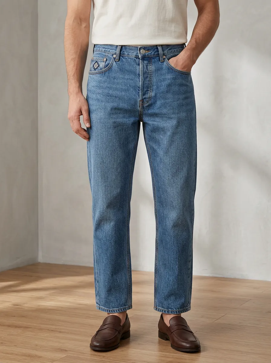 Men's Mid-Blue Straight Leg Denim Jeans