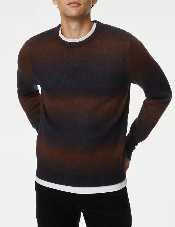 Men's Brown Gradient Striped Crew Neck Jumper