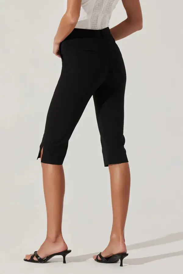 Black High Waist Slit Hem Capri Pants