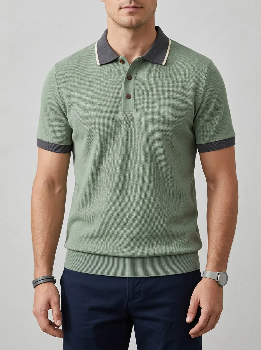 Men's Sage Green Textured Knit Contrast Collar Polo Shirt