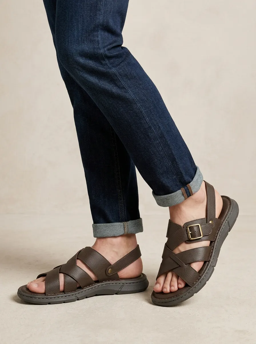 Men's Brown Faux Leather Cross-Strap Buckle Printed Sandals