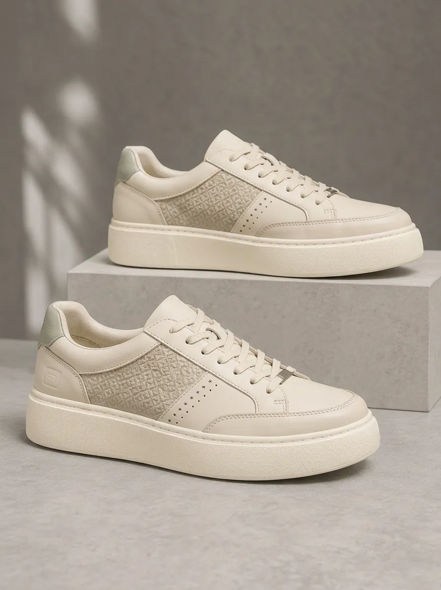 Men's Beige Geometric Pattern Textured Printed Sneakers