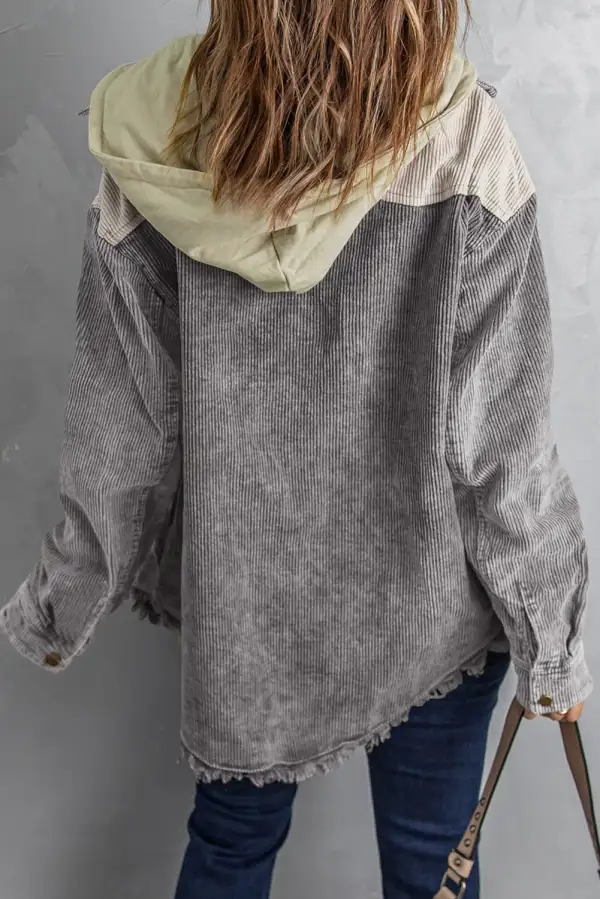 Women's Colorblock Button Down Hooded Corduroy Jacket