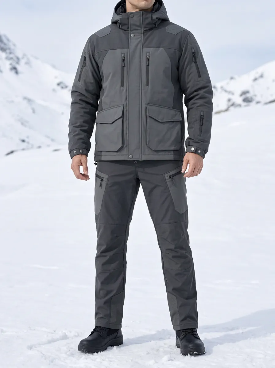 Practical Winter Hooded Thermal Cargo Jacket and Pants Two Piece Outfit for Men