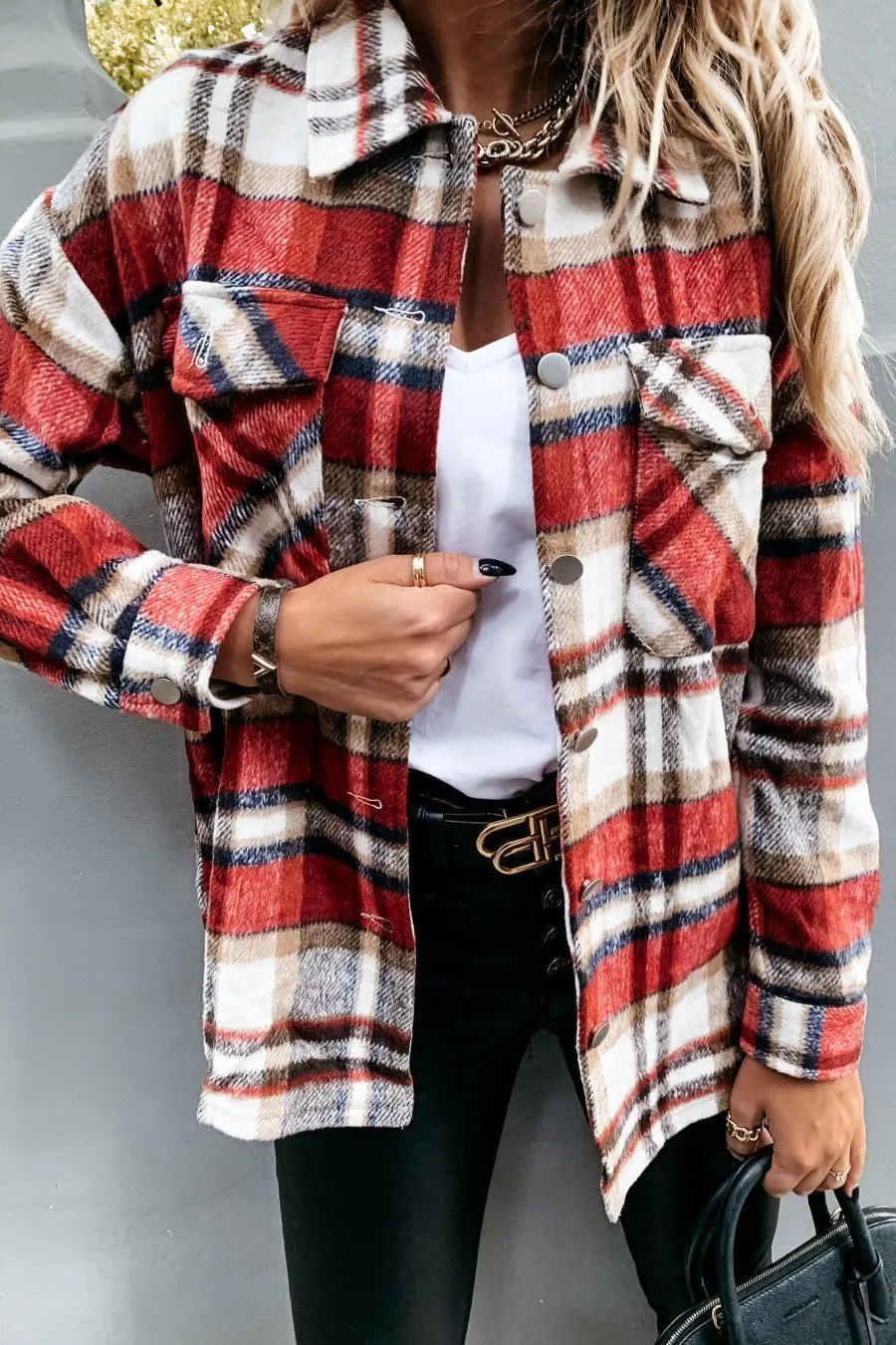 Casual Lapel  Button Plaid Pocket Coat