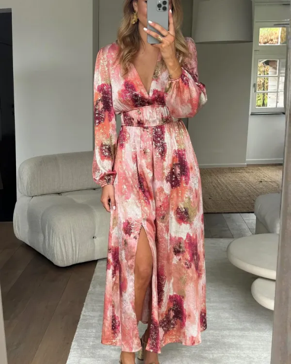 V-Neck Side Slit Maxi Soft Drape Dress