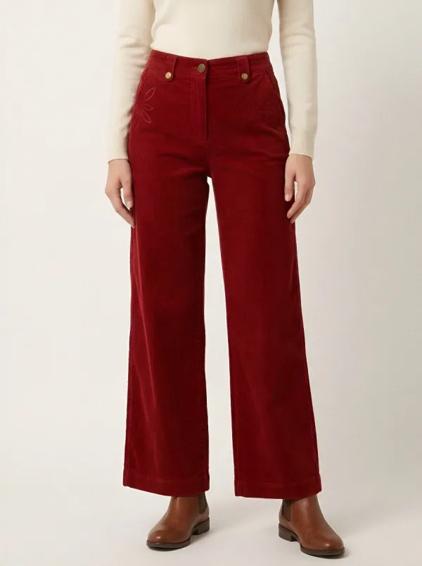 Women's Vintage Style Floral Embroidered Brown Corduroy Pants