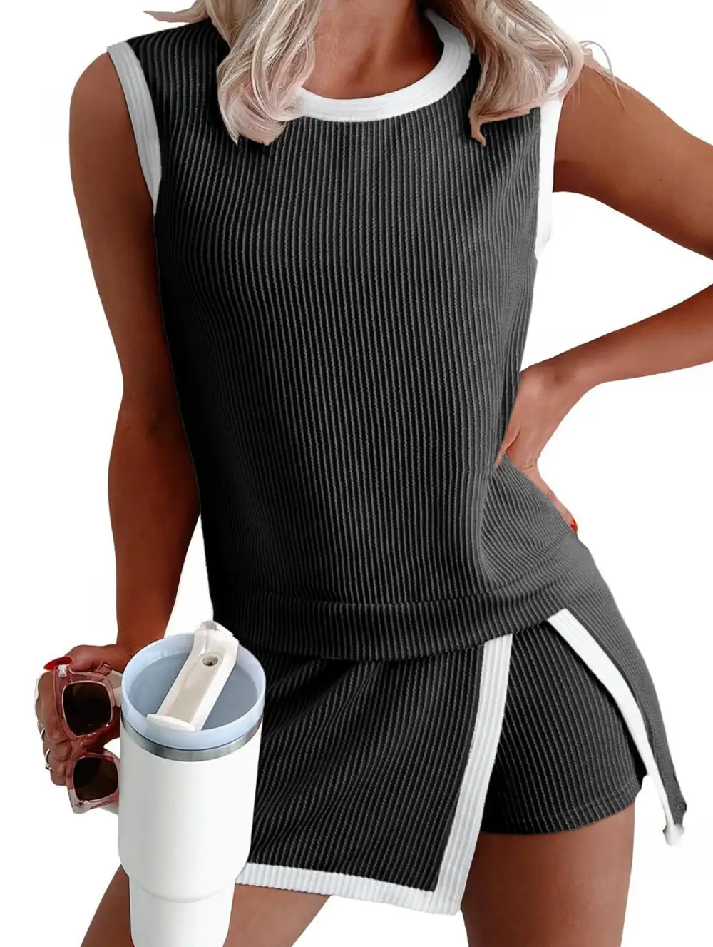 Block Slit Sport Tank Top Set