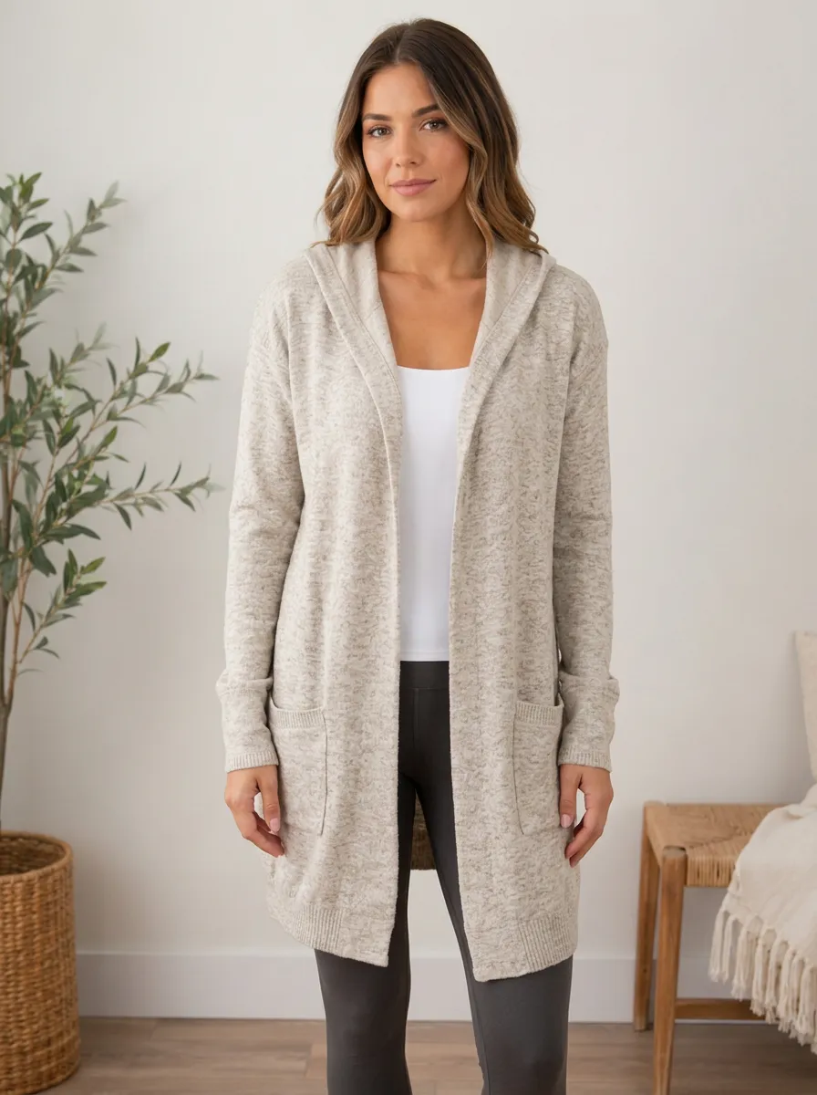 Women's Heather Hooded Open-Front Cardigan Open-Front