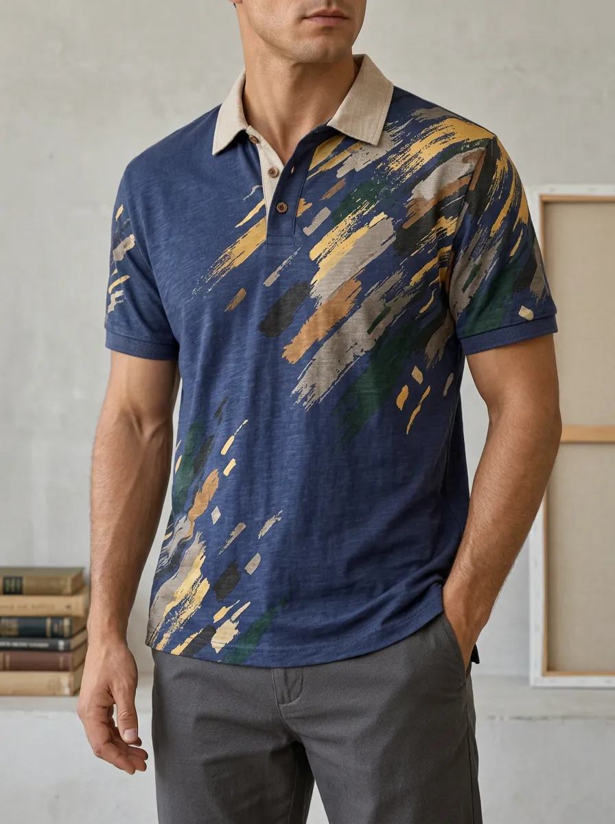 Men's Abstract Brushstroke Pattern Printed Polo Shirt Weekend Casual Style