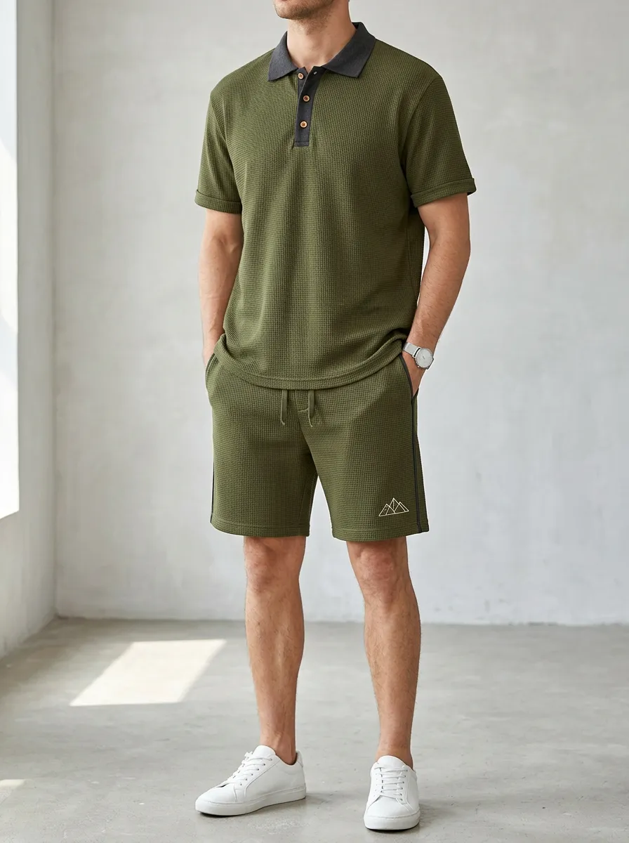 Men's Olive Waffle Knit Mountain Printed Polo Shirt