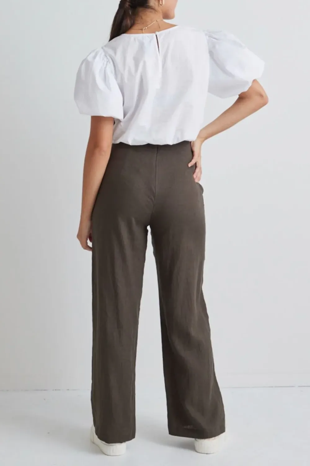 Dark Green Linen Wide - Leg Pants