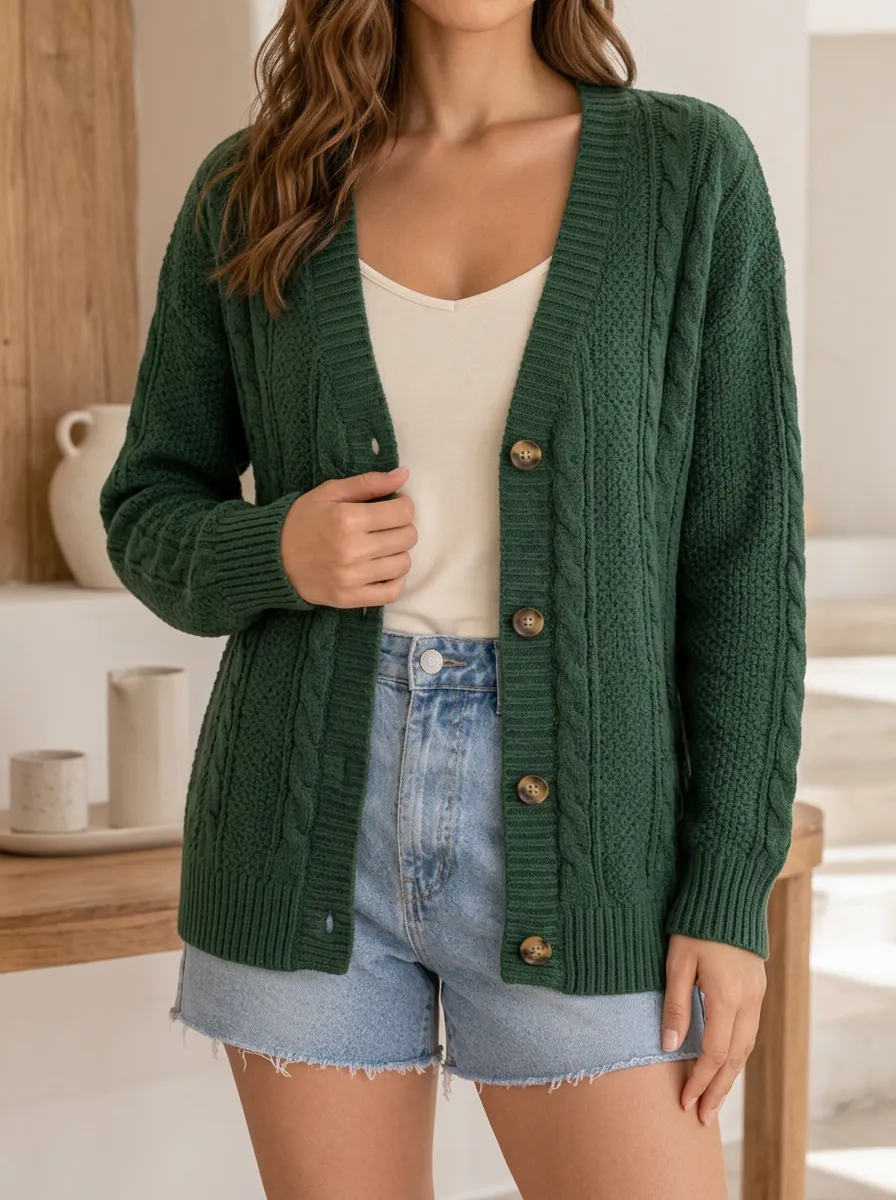 Women's Relaxed Cable Knit Button Front V Neck Cardigan