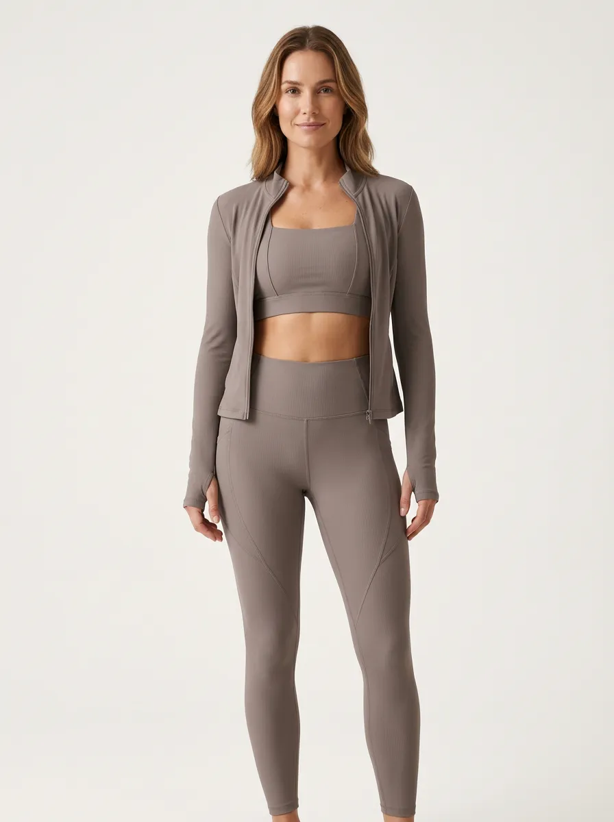 Streetwear Ribbed Texture Wardrobe Women's Three Piece Activewear Set