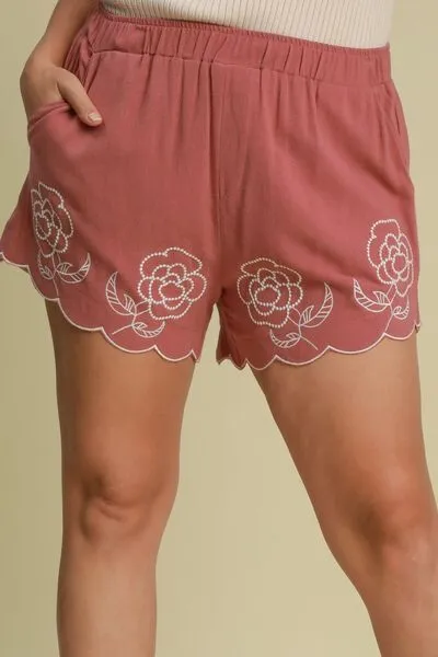 Everyday Full Size Linen Blend Shorts with Floral Embroidered Details